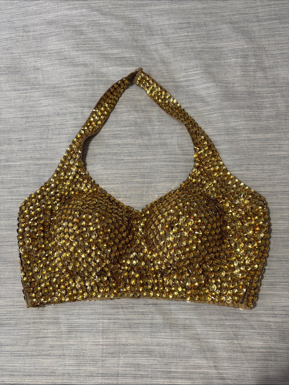 Metallic Gold Embellished Beaded Halter Crop Top - Glam Clubwear Costume Sz S